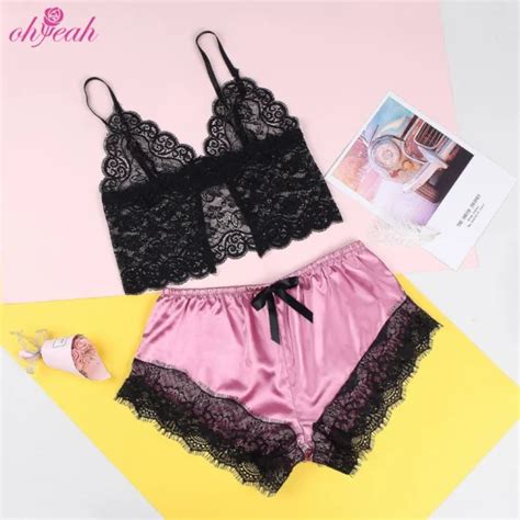 Women Lingerie Fuchsia Sleepwear Nightwear Lace High Quality Sexy Silk Satin Top Pajama Sets