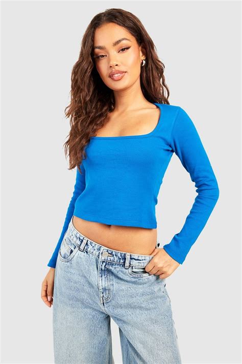 Cobalt Basic Rib Square Neck Long Sleeve Top Boohoo Uk