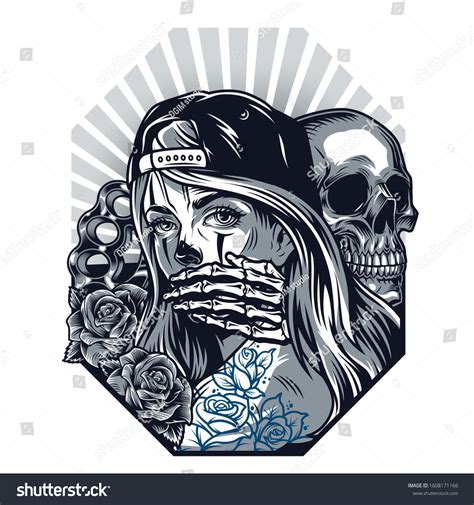 Concepto Monocromo Estilo Tatuaje Chicano Vintage Vector De Stock