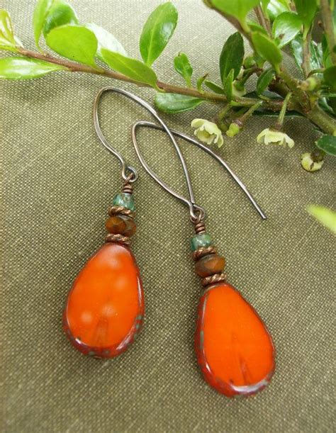 Orange Dangle Earrings Bold Picasso Czech Glass Teardrop Etsy Etsy