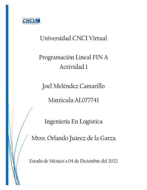 Actividad 1 Universidad CNCI Virtual Programación Lineal FIN A