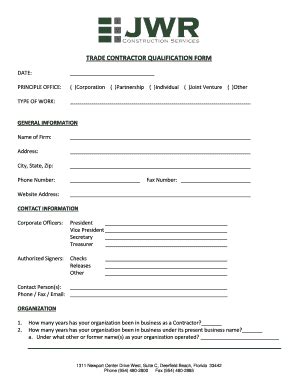 Fillable Online Trade Contractor Qualification Form Jwr Construction