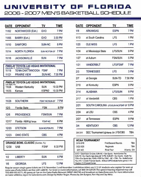 200607 UNIVERSITY OF FLORIDA GATORS MENS BASKETBALL POCKET SCHEDULE ...