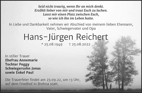 Traueranzeigen Von Hans J Rgen Reichert Abschied Nehmen De