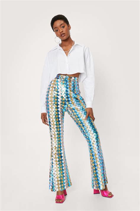 High Waisted Sequin Detail Flare Pants Nasty Gal