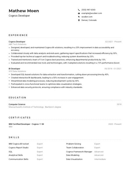 Cognos Developer Resume Example