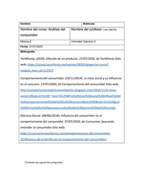 Ejercicio An Lisis Del Consumidor Nombre Matr Cula Nombre Del