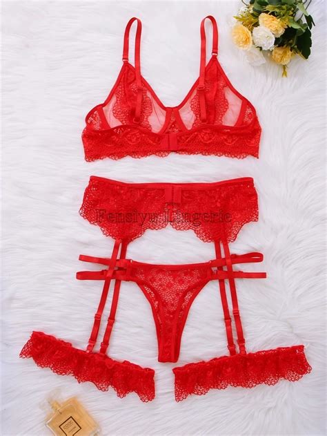Women Sexy Lingerie With Garter Belts Red Lace Bras Sex Panties Transparent Sensual Underwear