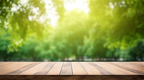 Premium Ai Image Empty Wood Table Top And Blurred Green Tree In The