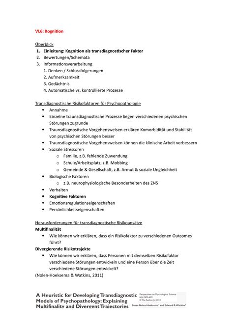 Klinische VL7 Mitschriften zu Vorlesung 7 VL6 Kognition Überblick