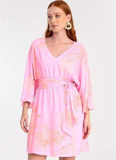 Vestido Curto Em Viscose Estampado Rosa Lunender Feminino