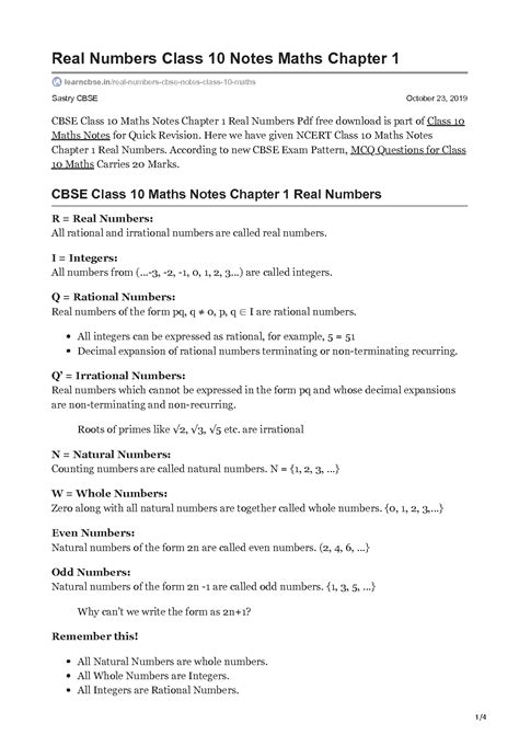 Real Numbers 10 Class