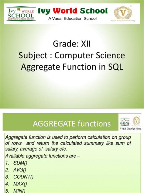 Grade Xii Subject Computer Science Aggregate Function In Sql Pdf