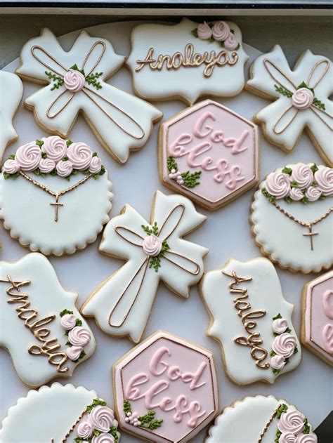 Pink Baptism Cookies Greenery Theme Cookies Baptism Themes First