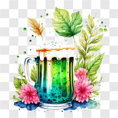 Descarga Vaso De Cerveza Verde Con Flores Rosas Y Hojas Pngs En L Nea