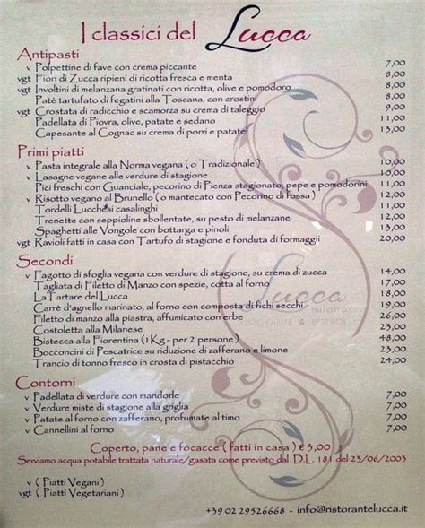 Menu at Ristorante Lucca, Milan