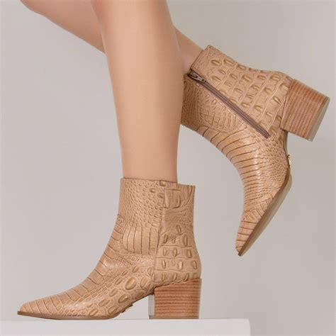 Bota Salto M Dio New Croco Nude Uza Shoes Sapatos Femininos