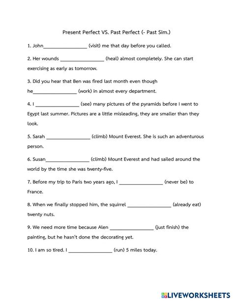 Present Perfect Vs Past Perfect Past Sim Live Worksheets