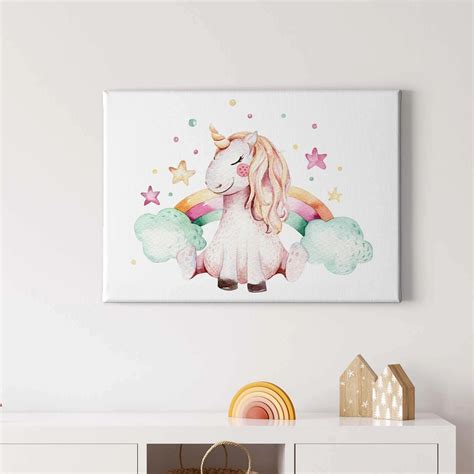 Bricoflor Kinderzimmer Wandbild Mit Einhorn Aquarell Bild Auf Leinwand