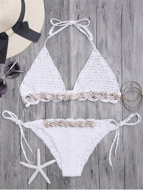 Seashell Trim Crochet String Bikini Set WHITE Bikinis ONE SIZE FIT