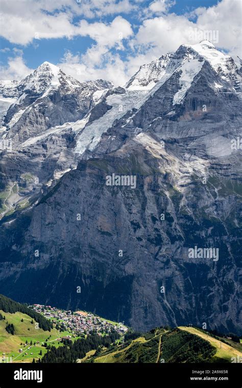View across the Lauterbrunnen Valley to the Eiger, Mönch, Jungfrau and ...