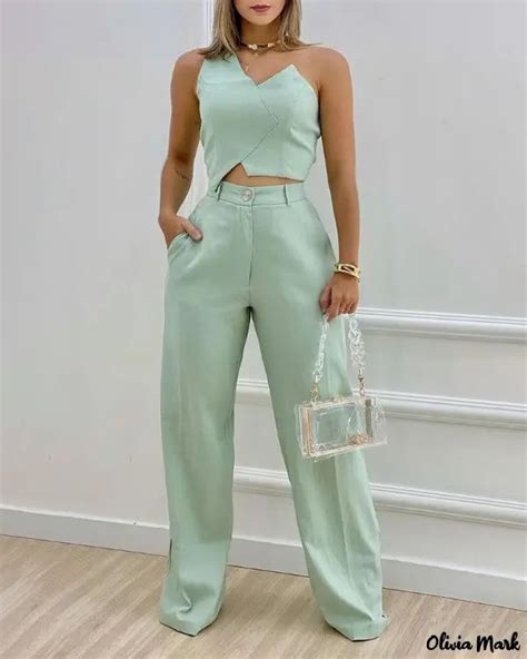 Olivia Mark Asymmetric Collar Crop Top And Wide Leg Pants Set In 2024