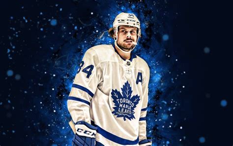 4k, Auston Matthews, white uniform, Toronto Maple Leafs, blue neon lights, NHL, hockey, Aust ...