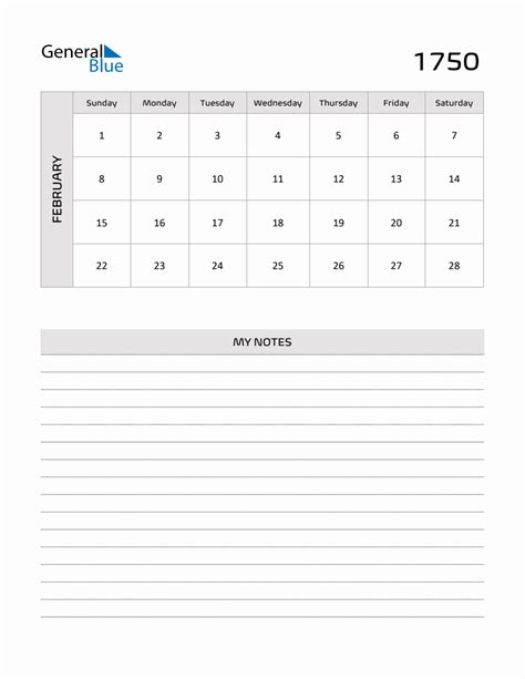 February 1750 Printable Monthly Calendar With Notes