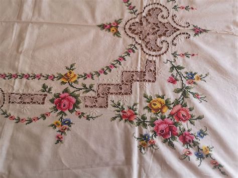 Beautiful Vintage Handmade Cross Stitch Tablecloth Rectangular And