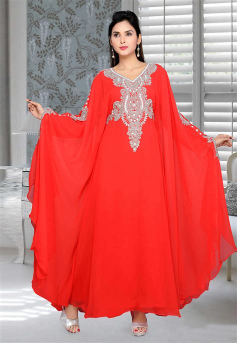 Red Faux Georgette Embroidered Readymade Farasha Elegant