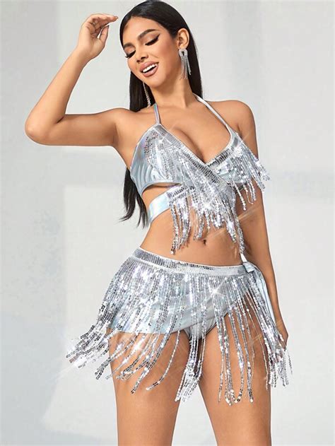 Apperloth A 3Pcs Metallic Bikini Set Rave Sequin Fringe Trim Tie