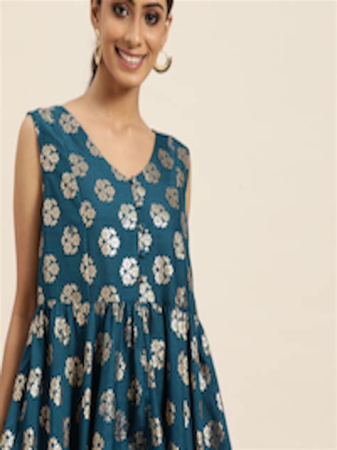 Buy Sangria Women Teal Blue And Golden Ethnic Motifs Printed A Line Kurta