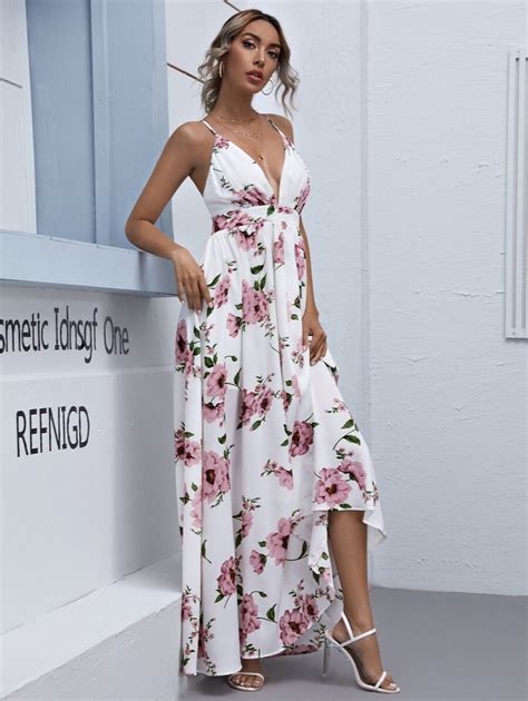 SHEIN VCAY Plunging Neck Crisscross Backless Floral Maxi Dress For Sale