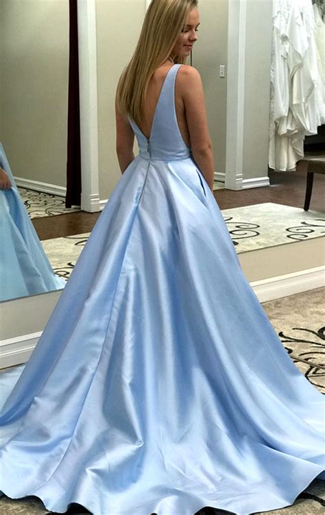 Macloth Illusion V Neck Satin Long Prom Dress Sky Blue Formal Evening