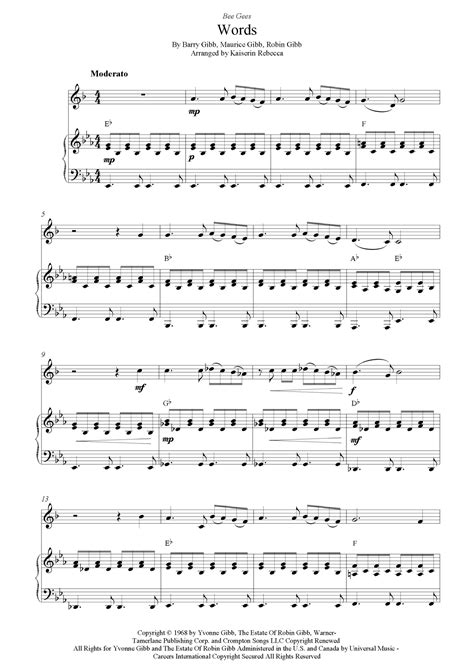 Words Arr Kaiserin Rebecca By Bee Gees Sheet Music For Tenor Sax And Piano At Sheet Music Direct