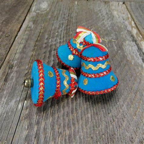 Vintage Blue Bell Shaped Christmas Ornament Velvet Flocked Ribbon Blue
