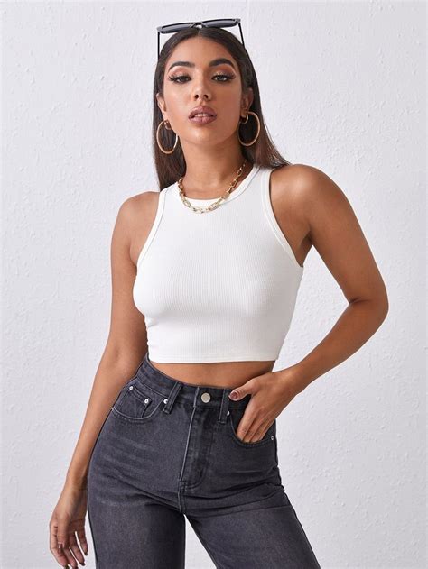 Ribbed Cropped Tank Top S לבן Knitted crop tank top Cropped tank