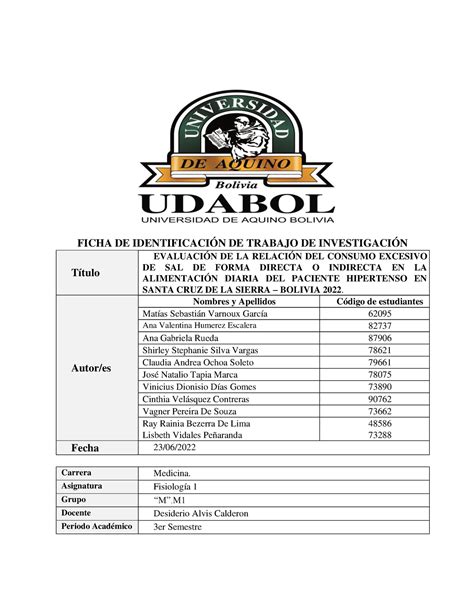 Hipertensi N Arterial Monografia Ficha De Identificaci N De Trabajo