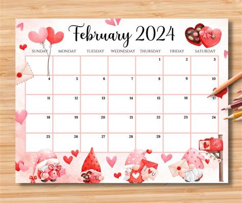 Editable February Calendar Sweet Valentine With Cute Gnomes