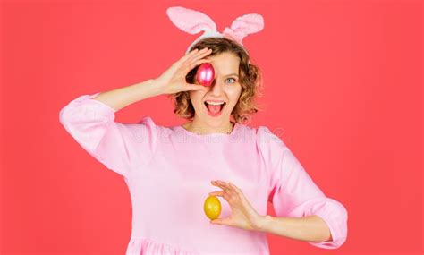 Happy Easter Egg Hunt Girl With Color Eggs Smiling Woman In Rabbit