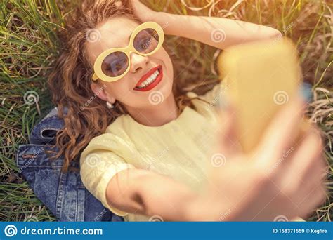 Woman In Trendy Sunglasses Taking Selfie Stock Image Image Of