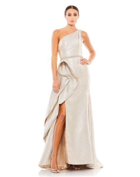 One Shoulder Metallic Ruffled Evening Gown Mac Duggal