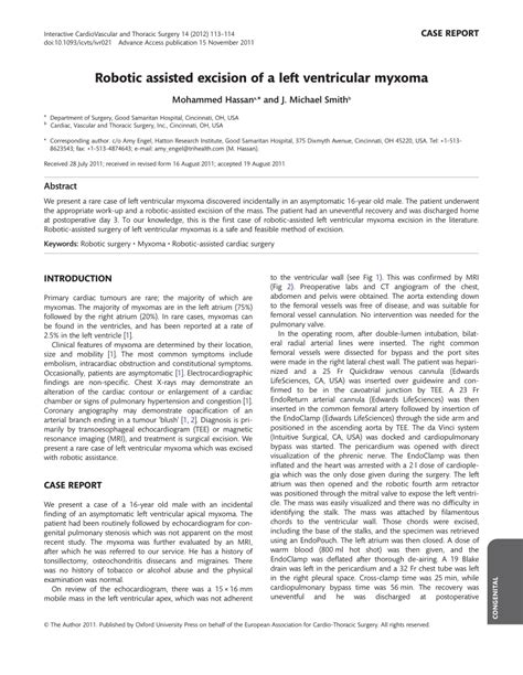 PDF Robotic Assisted Excision Of A Left Ventricular Myxoma