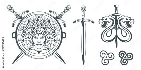 Gorgon Medusa - monster with a female face and snakes instead of hair. Sword. Medusa head. Greek ...