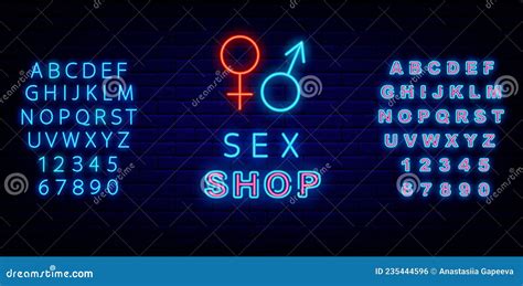 Sex Shop Neon Logo With Alphabet Shiny Man And Woman Symbols Night