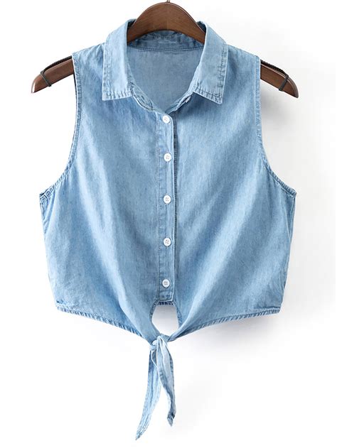 Blue Sleeveless Buttons Front Self Tie Bow Denim Blouse Shein Sheinside