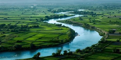 Fertile alluvial plain with meandering rivers ideal for agriculture ...