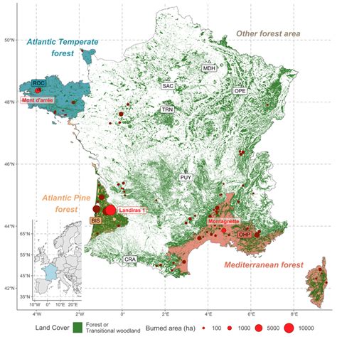 Map Of The French Forests With The Location Of Fires Larger Than 30 Ha