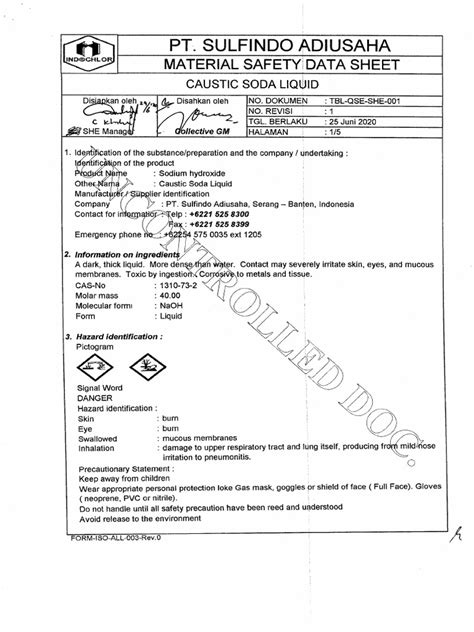 Msds Caustic Soda Liquid Naoh Liquid 48 Pdf