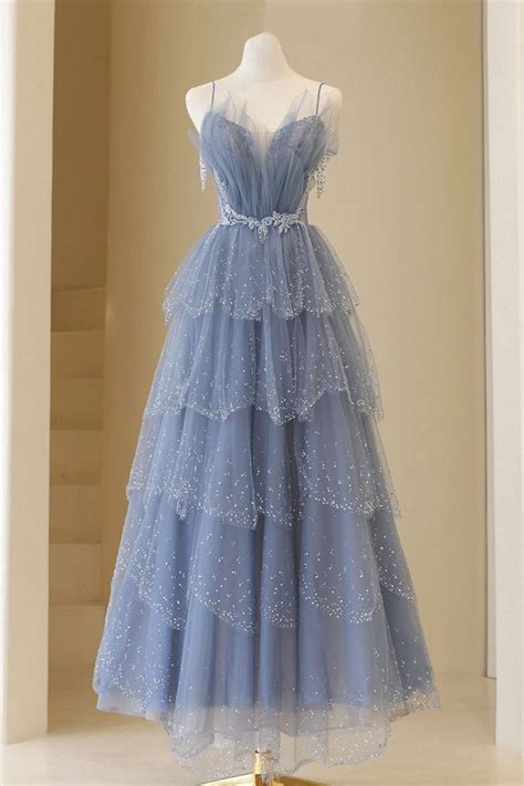 Couches En Tulle Bleu Sangle Longue Robe De Bal Perle Robe De Soir E